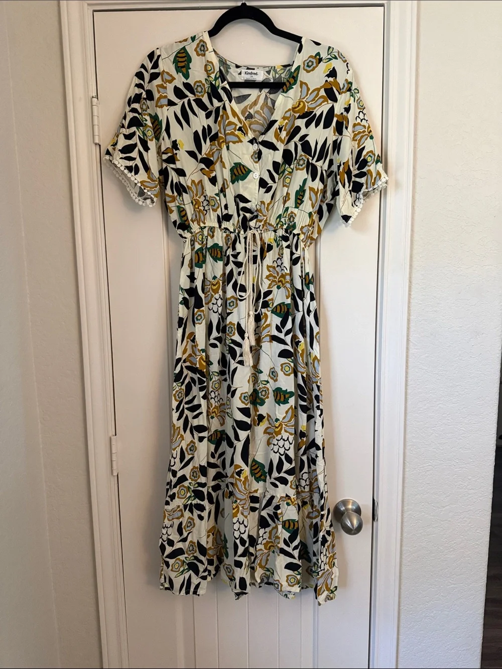 Kindred Cream Floral Midi Dress with Black & Green Print - Picture 1 of 6